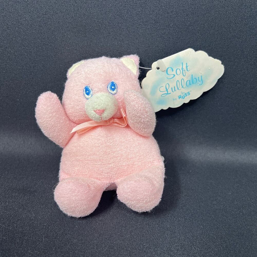 Russ Soft Lullaby Plush Cat Fox Bear Pink 5" Terrycloth Squeaker Baby Toy‎ 4855